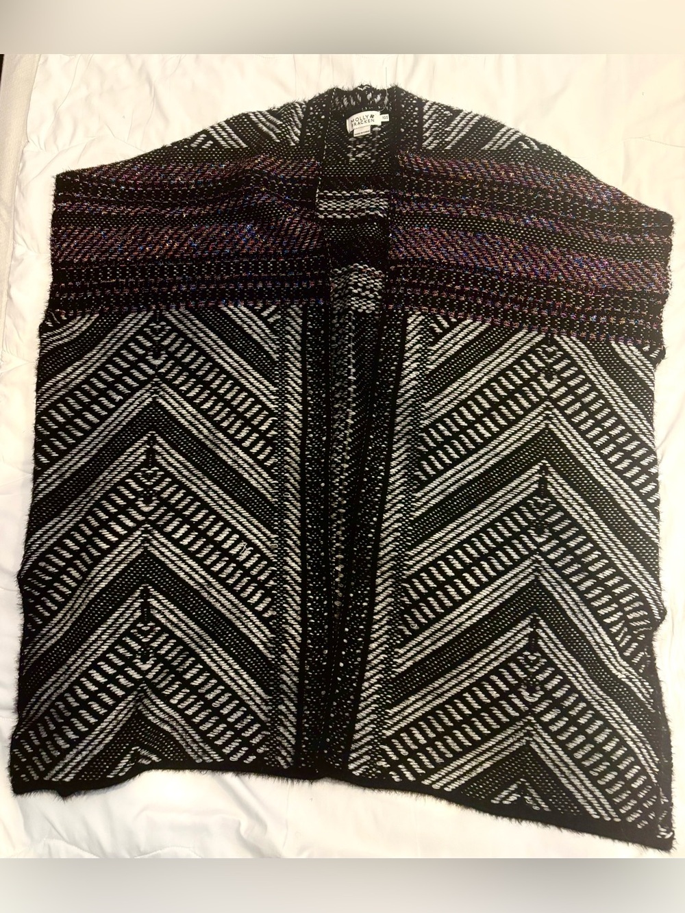 Anthropologie Black & White Chevron Open-Knit Poncho with Iridescent Thread